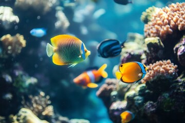 Obraz premium Colorful Tropical Fish Swimming in Vibrant Coral Reef Ecosystem