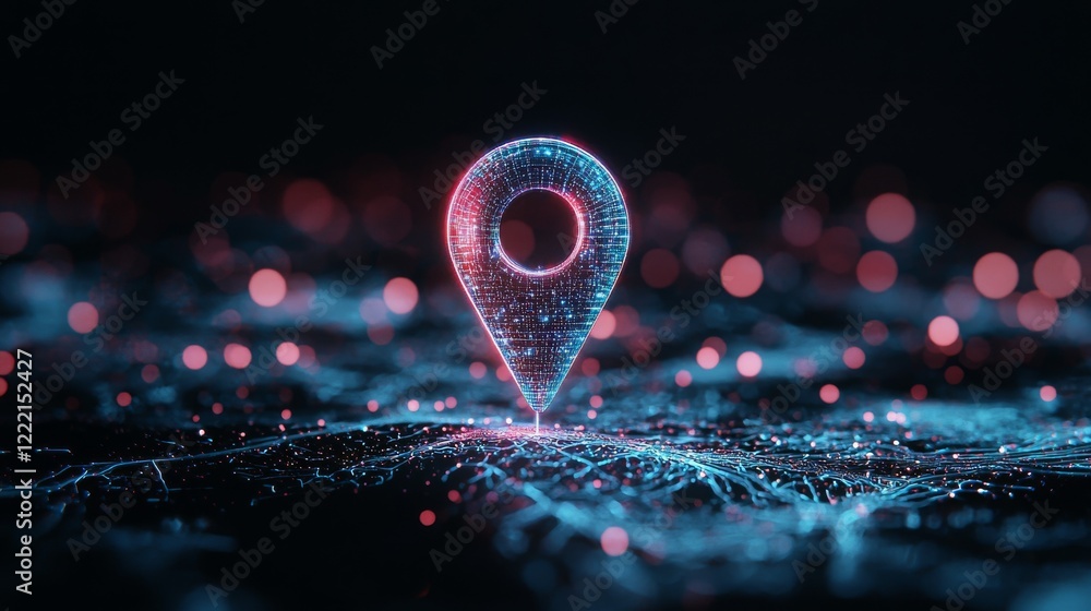 Poster a glowing location pin over a digital network, symbolizing navigation and connectivity.