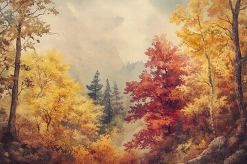Vibrant Autumn Forest Landscape with Colorful Leaves and Trees