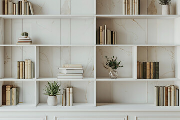 High end study with built in wooden bookshelves. Luxurious home office setting background. Minimalist reading space design.