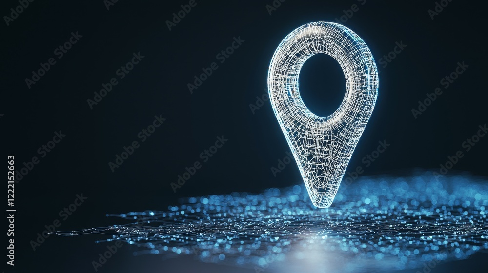 Poster a glowing digital location pin on a dark background, symbolizing navigation and mapping.