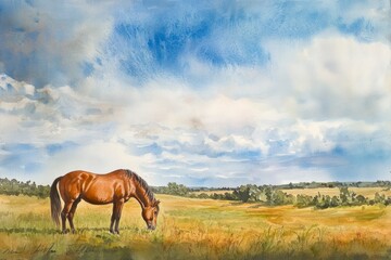 Obraz premium Majestic Horse Grazing in Serene Pastoral Landscape under Blue Sky