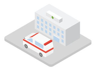 病院と救急車のイメージのアイソメトリックイラスト