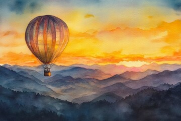 Hot Air Balloon Floating Over Majestic Mountains at Sunset Sky