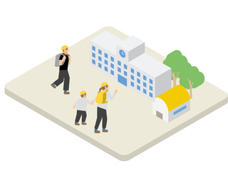 避難所の学校に水平避難をする人たちのイメージのアイソメトリックイラスト