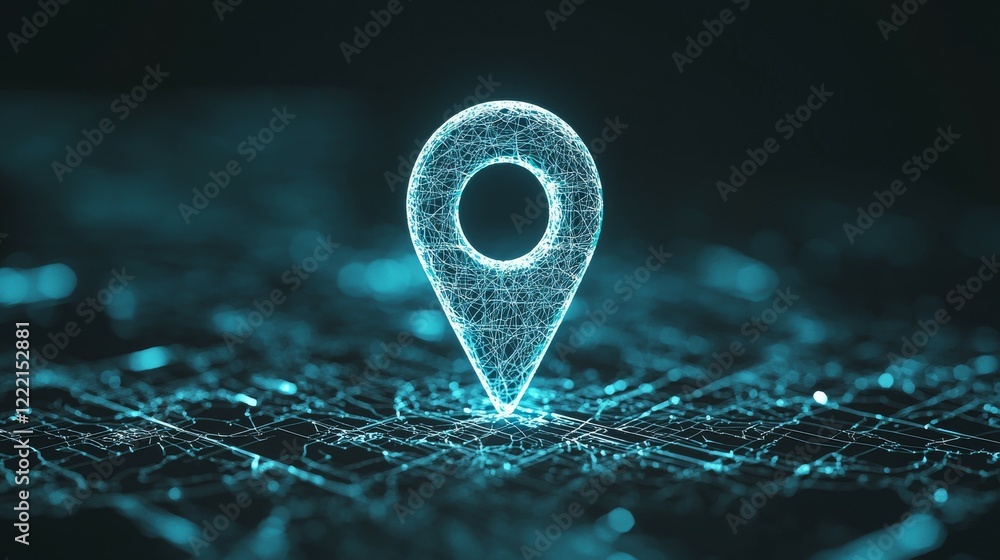 Poster a glowing digital location pin over a network grid, symbolizing navigation technology.