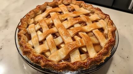 Apple pie with lattice crust and a sweet, spiced filling.