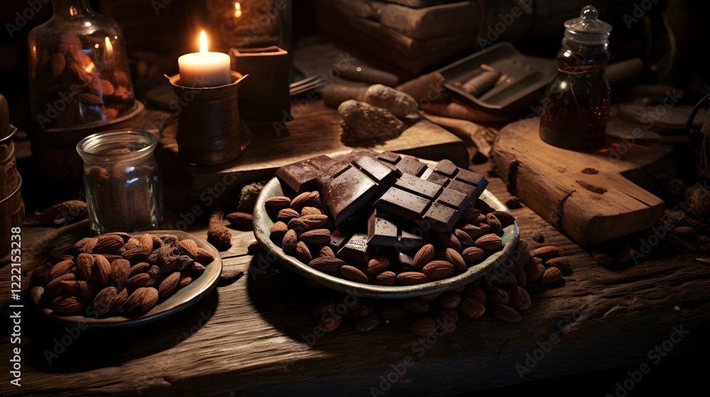 Poster rustic wooden table showcasing a tempting arrangement of rich chocolate chunks and roasted cocoa bea