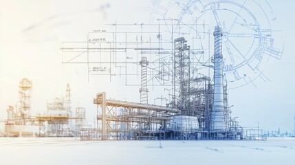 Industrial blueprint overlay on a refinery structure, showcasing engineering and design.