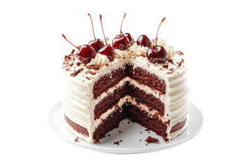 Black forest cake with whipped cream, cherries and chocolate shavings isolated on white or transparent, PNG