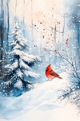Vibrant Cardinal Bird in a Winter Wonderland Landscape