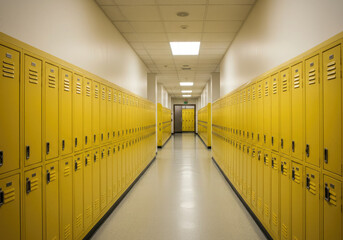 School hallway with yellow lockers in row.