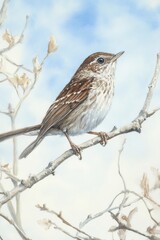 Fototapeta premium Brown Bird on Branch Against Blue Sky with Delicate Foliage Background