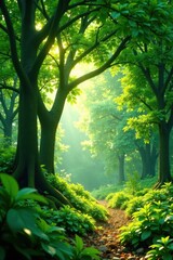 Obraz premium Lush green canopy, dappled sunlight filters through leaves, stock, jungle, outdoor