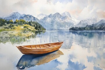 Obraz premium Serene Waterscape with a Wooden Boat and Majestic Mountains