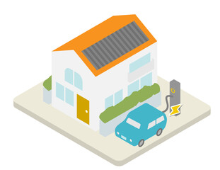 太陽光発電のパネルを屋根につけて、電気自動車を充電しているオール電化システムの家のイメージのアイソメトリックイラスト