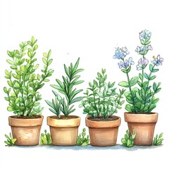 Obraz premium Watercolor illustration of four potted herbs, including rosemary, thyme, and lavender.