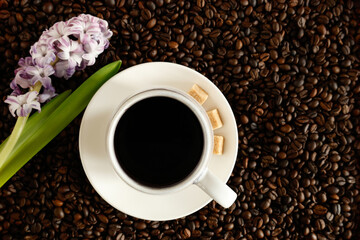 coffee cup with beans and hyacinth flower  