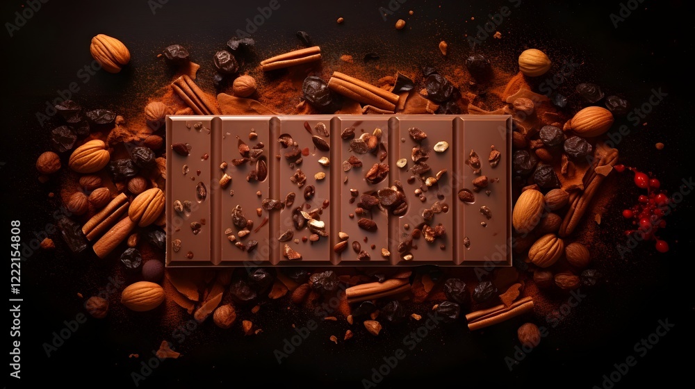 Poster beautifully composed shot of a milk chocolate bar with an assortment of roasted nuts and dried fruit