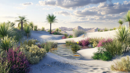Obraz premium Game level landscape of african desert with oasis. Ground texture background with sand dunes, river or lake, dry plants and green bushes, vector cartoon illustration