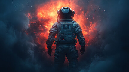 astronaut's back in deep space, a bright tone with blurred elements and an empty, vast feeling symbolizing isolation, exploration, and the unknown