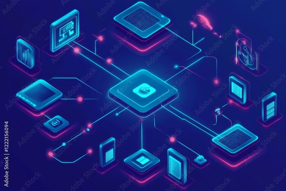 Poster futuristic digital network system: interconnected devices and data streams