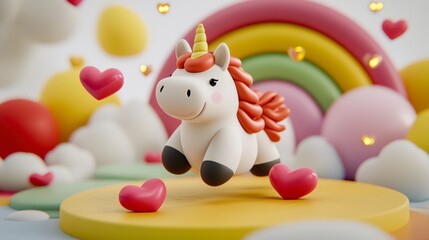 Playful Three Dimensional Rendered Unicorn in Pastel Rainbow and Heart Scene