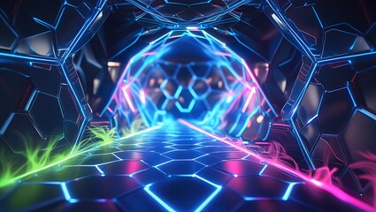 A deep blue, velvet-like background with glowing hexagonal patterns in electric blue, accented by neon pink and lime green, radiating a futuristic, digitally charged vibe with light wisps for depth.