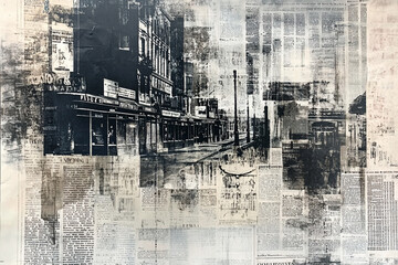 Urban street scene collage depicting vintage architecture and newspaper clippings, evoking nostalgia