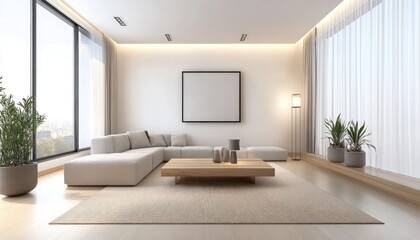 A serene minimalist living room with neutral tones, a low sofa, jute rug, plants, and soft lighting 4. Generative AI