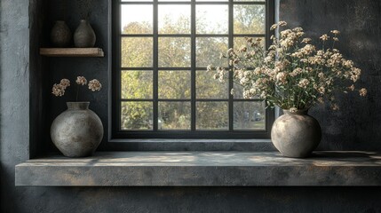 Serene Still Life: Rustic Vases and Dried Flowers by a Window