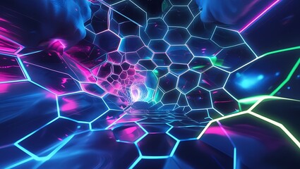 A deep blue, velvet-like background with glowing hexagonal patterns in electric blue, accented by neon pink and lime green, radiating a futuristic, digitally charged vibe with light wisps for depth.
