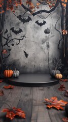 Spooky Halloween Scene with Bats, Pumpkins, and Fallen Leaves
