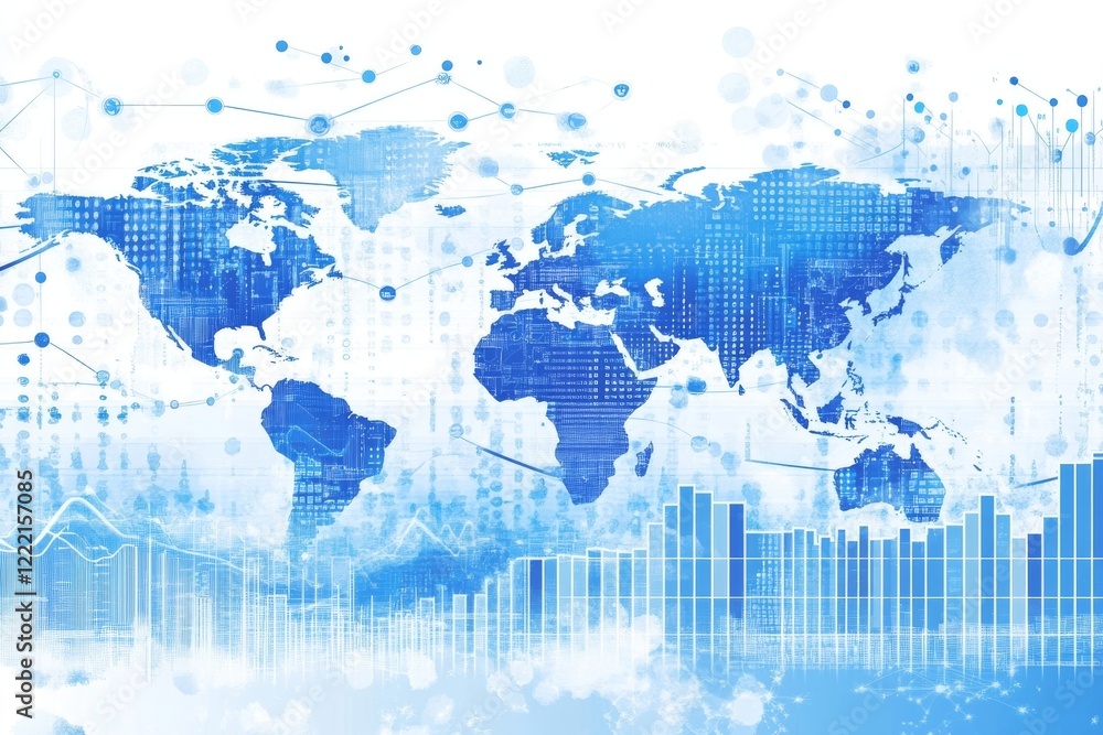 Poster global network and data visualization: a blue abstract world map with charts and connections