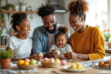 Happy African American family with Easter eggs at table in kitchen