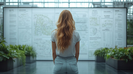 A confident businesswoman analyzing a futuristic digital map interface in a bright, modern office environment, exuding a sense of power and forward-thinking with minimalistic decor and ample space

