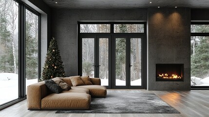Modern Cozy Winter Living Room with Fireplace and Christmas Tree