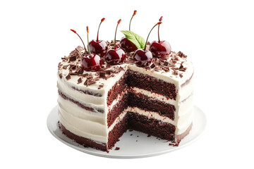 Black forest cake with whipped cream, cherries and chocolate shavings isolated on white or transparent, PNG