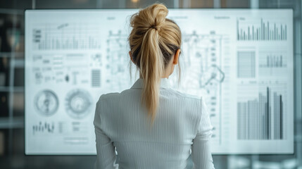 A confident businesswoman analyzing a futuristic digital map interface in a bright, modern office environment, exuding a sense of power and forward-thinking with minimalistic decor and ample space

