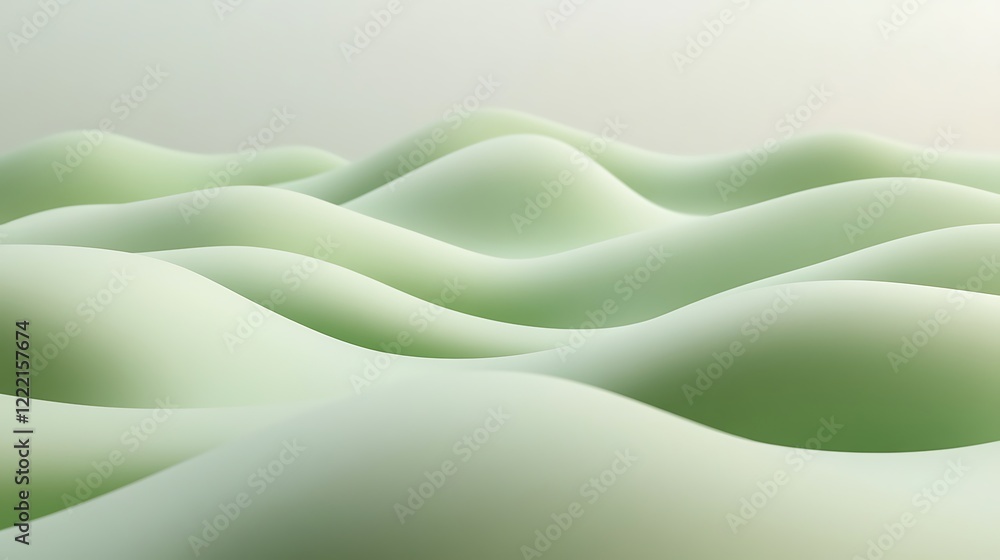 Poster soft curves of green waves in a minimalistic landscape with smooth gradients and calming atmosphere