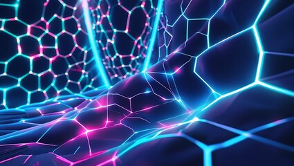 A deep blue, velvet-like background with glowing hexagonal patterns in electric blue, accented by neon pink and lime green, radiating a futuristic, digitally charged vibe with light wisps for depth.