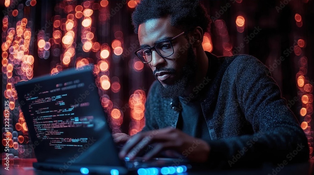 Poster a man is focused on programming code on his laptop in front of a bokeh background