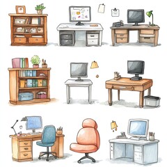 Watercolor illustration of nine different office desks, computers, chairs, and other office items.