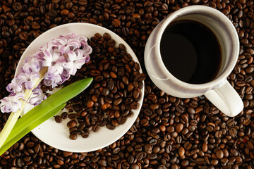 Black coffee, coffee beans, and a purple hyacinth.