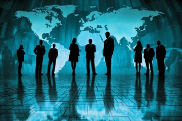 Global Business Team Silhouettes Against World Map Background