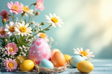 Obraz premium Happy Easter. Congratulatory easter background. Easter eggs and flowers.