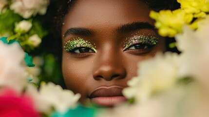 Fototapeta premium Glamorous Black Woman Glitter Eyeshadow Flowers Closeup Beauty Portrait