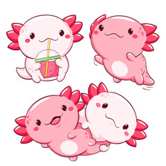 Set of axolotl in kawaii style. Lovely axolotl baby in different poses. Cute axolotl expression sheet collection. Can be used for t-shirt print, sticker, greeting card. Vector illustration EPS8