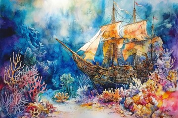 Beautiful Watercolor Ship Underwater Amidst Vibrant Coral Reefs