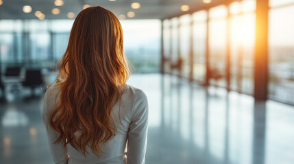 A confident businesswoman analyzing a futuristic digital map interface in a bright, modern office environment, exuding a sense of power and forward-thinking with minimalistic decor and ample space

